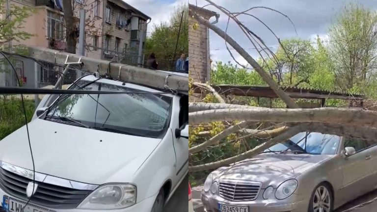 В Кишиневе из-за сильного ветра дерево и столб упали на припаркованные машины В Кишиневе из-за сильного ветра дерево и столб упали на припаркованные машины